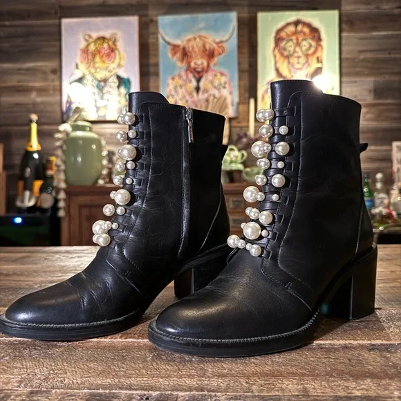 Zara Black Leather and Pearl Ankle Boots - Picture 1 of 5